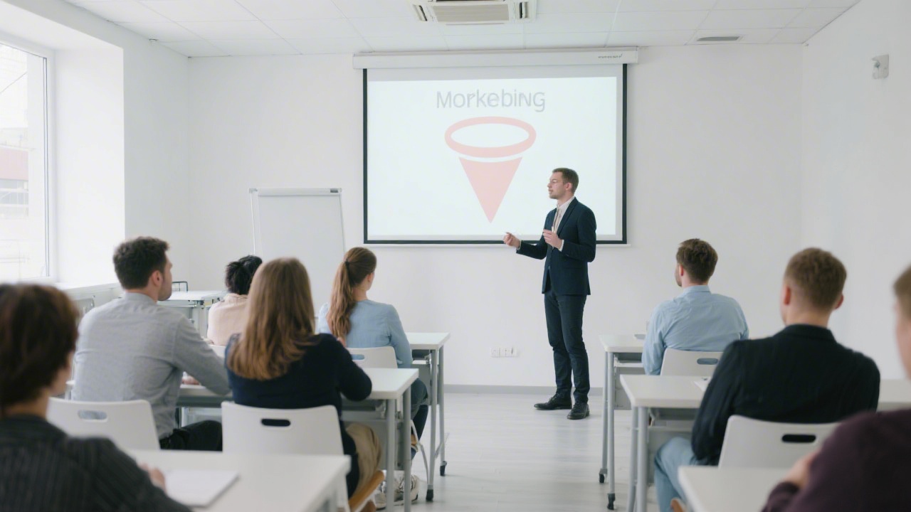 Bright training classroom with a presenter, projection screen showing marketing funnel, and attentive participants, creating a professional educational environment.