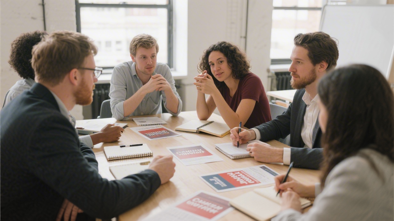 Small workshop group collaborating around a table with notebooks and campaign printouts, showing hands-on learning and discussion.