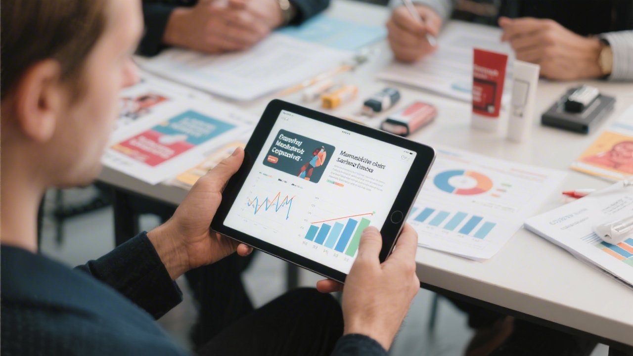 Retail campaign briefing with product samples, ad copy drafts, and performance charts on a tablet, showing practical marketing testing workflow.
