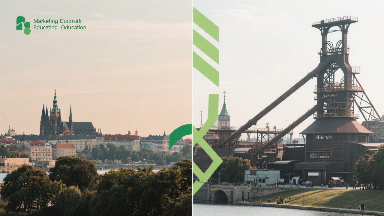 Split view of Prague skyline and Ostrava industrial landmarks, neutral tones with green accents, representing regional focus of marketing education.