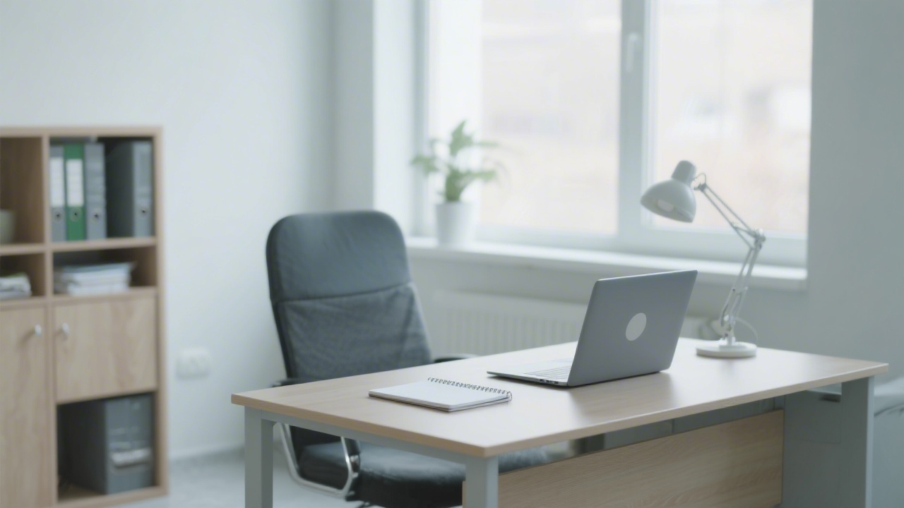 Calm office interior with a desk, laptop, and notepad, representing a welcoming environment for professional consultations.