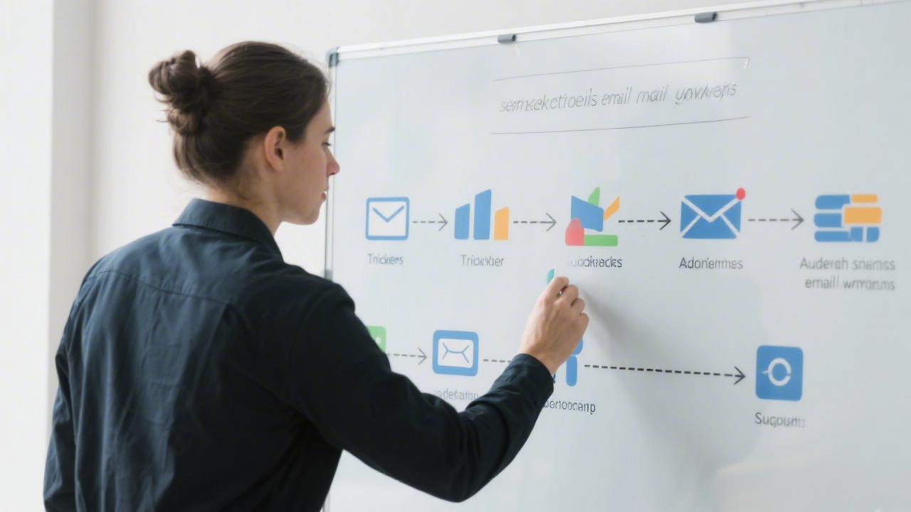 Marketing specialist arranging segmented email workflow on a whiteboard, with icons of triggers, audience segments and follow-up sequences.
