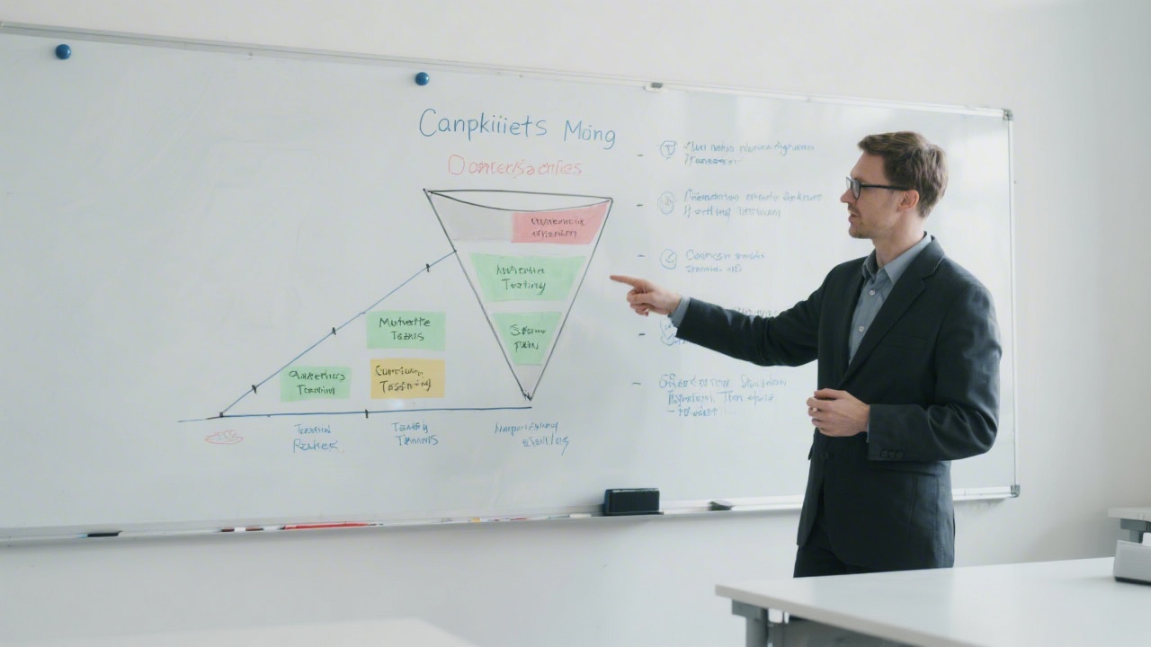 Instructor pointing to a structured marketing lesson board with campaign funnel diagram, notes about metrics and testing stages, photographed in a clean classroom.