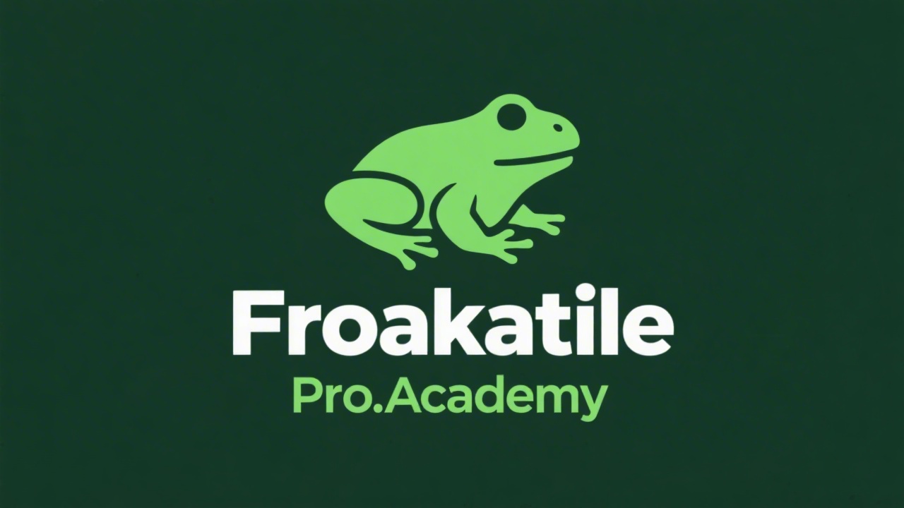 Simple green frog silhouette combined with a clean wordmark Froakatile Pro Academy, minimal shapes and easy-to-read typography without complex details.
